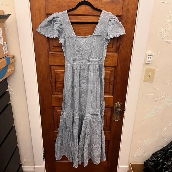 LoveShackFancy Norma Dress Washed Denim Blue size 0 $595 NWT's Embroidered - Picture 1 of 16